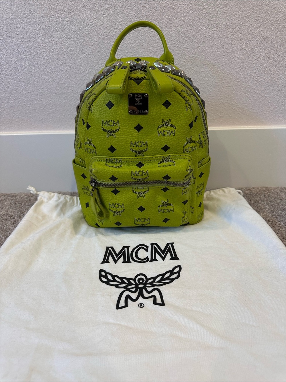 MCM Neon Lime Coated Canvas Backpack with Black Monogram